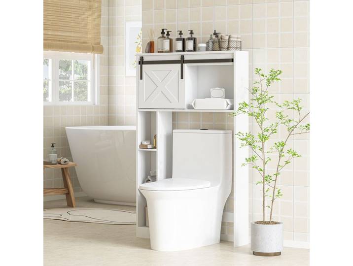 Meuble de rangement au-dessus des toilettes avec porte coulissante Meuble étagère dessus WC étagère réglable blanc