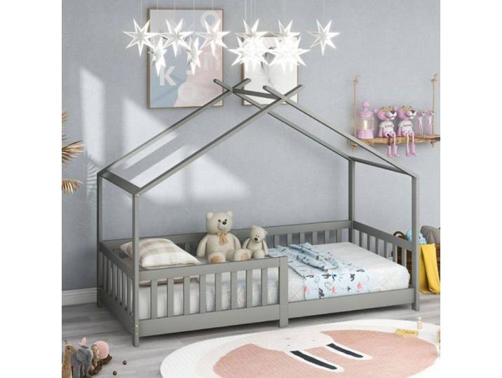Lit Cabane 90x200 cm Lit enfant en Bois Massif avec Barreaux et Sommier à Lattes Lit Cabane enfant Gris