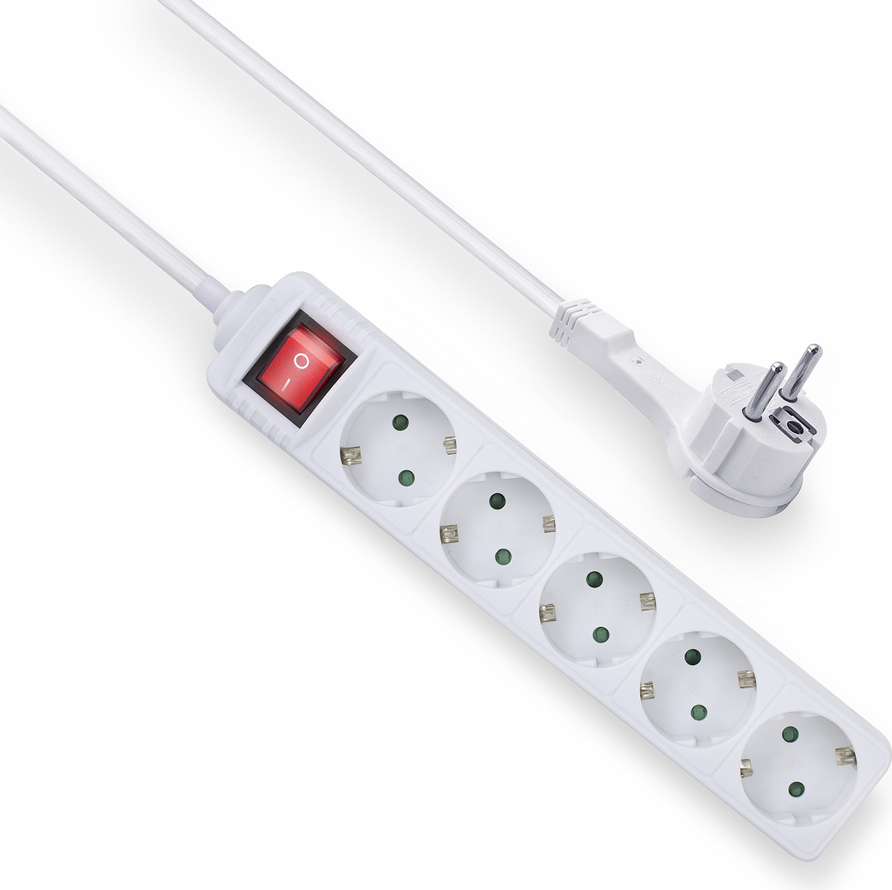 ACT stekkerdoos met verlichte schakelaar en platte stekker, 5 stopcontacten, 1,5 meter, wit, model AC2455