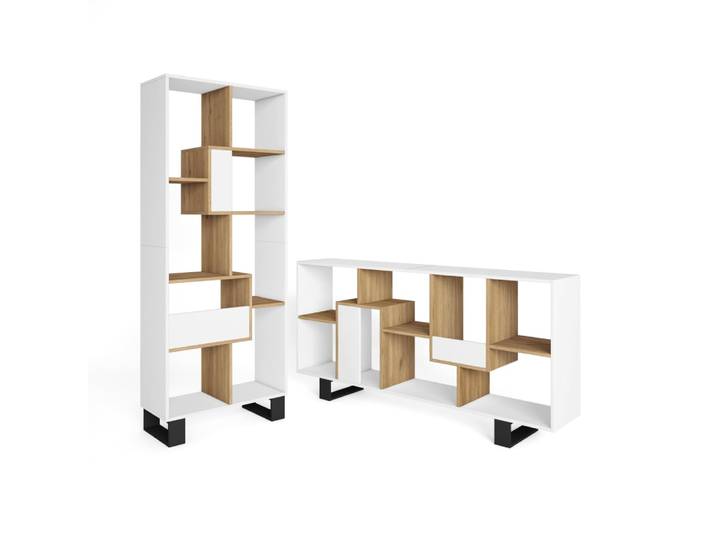 Bibliothèque effet bois blanc et chêne 67x31x174cm avec pieds