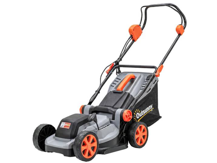 Outsunny Elektro-Rasenmäher 35l Fangkorb Hellgrau, Orange, Metall, 35 L, 1,200 W, 40x96x113 cm, Gartenzubehör, Gartenpflege, Rasenmäher
