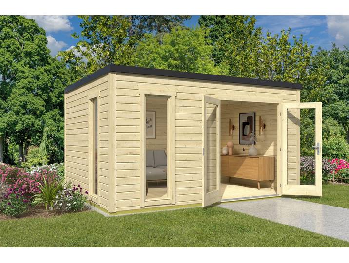 Gartenhaus NORDIC HOLZ Palermo 4 , beige (naturbelassen), Fußboden im Gartenhaus, ohne Dacheindeckung, Holzwerkstoff, Gartenhäuser, Gartenhaus, mit großen Glasflächen