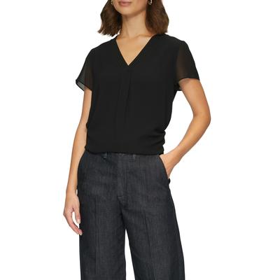 Shirtbluse S.OLIVER BLACK LABEL, Damen, Gr. 38, schwarz, Web, Obermaterial: 100% Polyester, unifarben, normal normal, V-Ausschnitt, Blusen, in Doppel-Layer-Optik und mit V-Ausschnitt