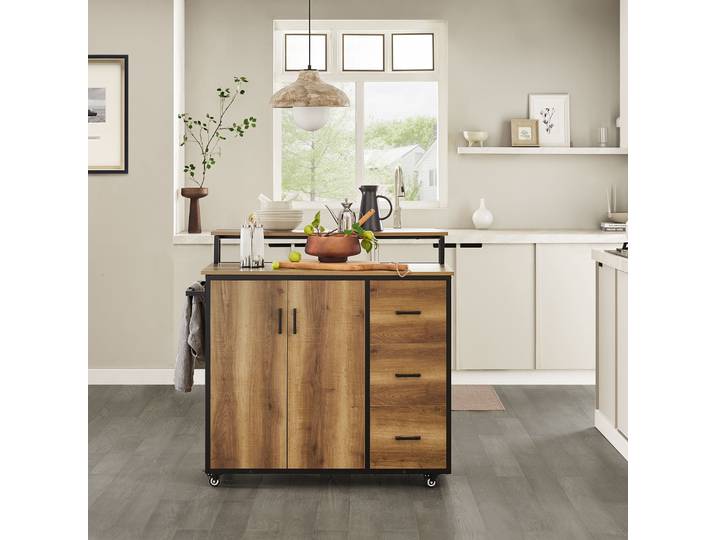 Chariot de cuisine Sobuy Knl02-Pf avec plan de travail, îlot de cuisine avec portes et tiroirs, buffet sur roulettes, chariot de cuisine