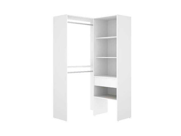 Dressing d'angle ouvert avec penderie à double tringles 1 tiroir et 4 étagères coloris blanc