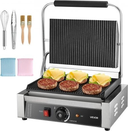 VEVOR Commerciële Panini Grill, 2200 W Contactgrill voor Sandwiches, Steak en Hamburgers, Roestvrijstalen Sandwichmaker met Temperatuurregeling, Zilver