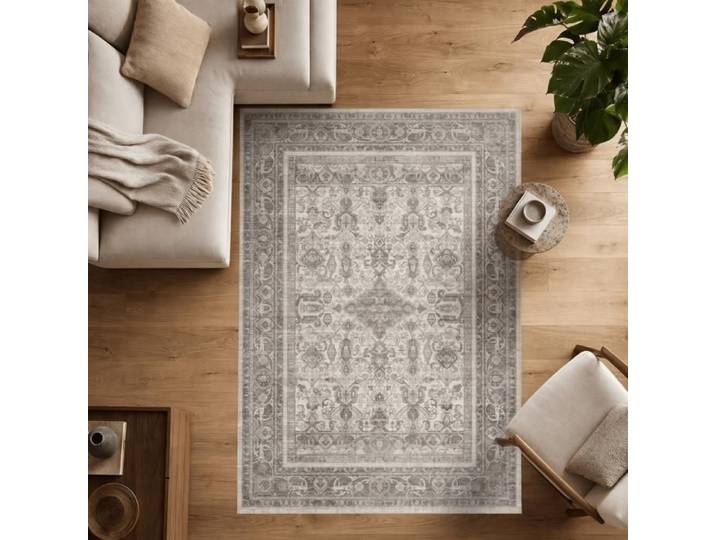 Tapis Vintage Mandala 120 x 170 cm Crème-Gris Lavable 3 mm