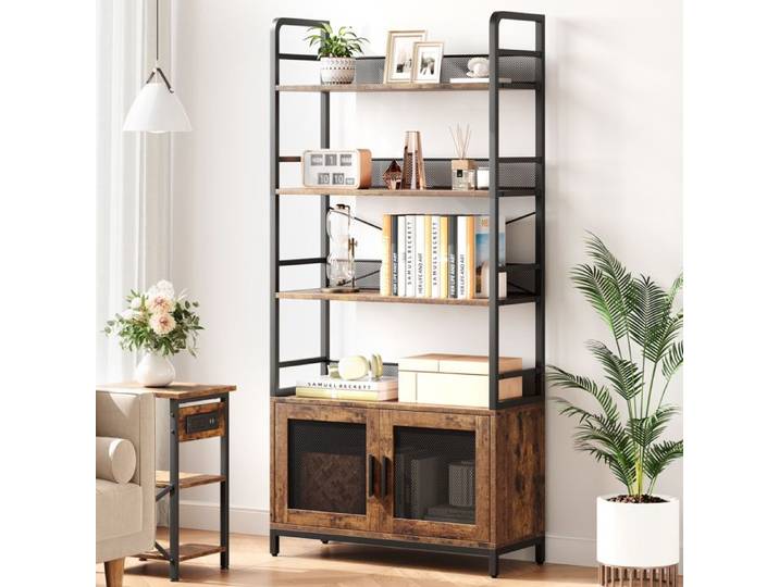 GARVEE Bibliothèque Industrielle 180 cm avec Portes - 4 Niveaux Étagères Ouvertes et Rangement - Salon Chambre et Bureau