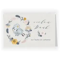 Dankeskarte Taufe: Blumen Taube mit Foto in Creme