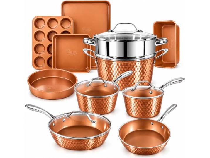 Gotham Steel Hammered Copper Collection — 15-teiliges Premium-Koch- und Backgeschirr-Set mit Antihaftbeschichtung, Aluminiumzusammensetzung — beinhaltet Bratpfannen