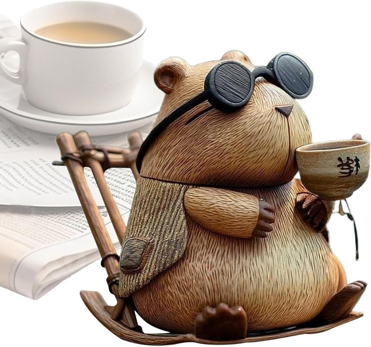 Capybara Figuur Beeldje Drinkt Thee Huis Decoratie Gedetailleerd Harsontwerp B/D/H: 9 x 8 x 7 cm
