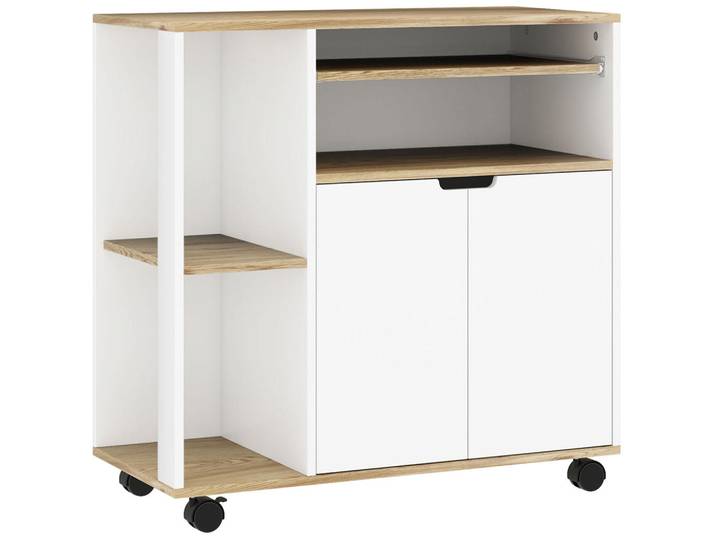 Homcom Küchenwagen Servierwagen mit Schrank, verschiebbaren, verstellbaren Einlegeböden, Mehrfarbig, Kunststoff, Nachbildung, 3 Fächer, 40x82x80 cm, Esszimmer, Servierwagen
