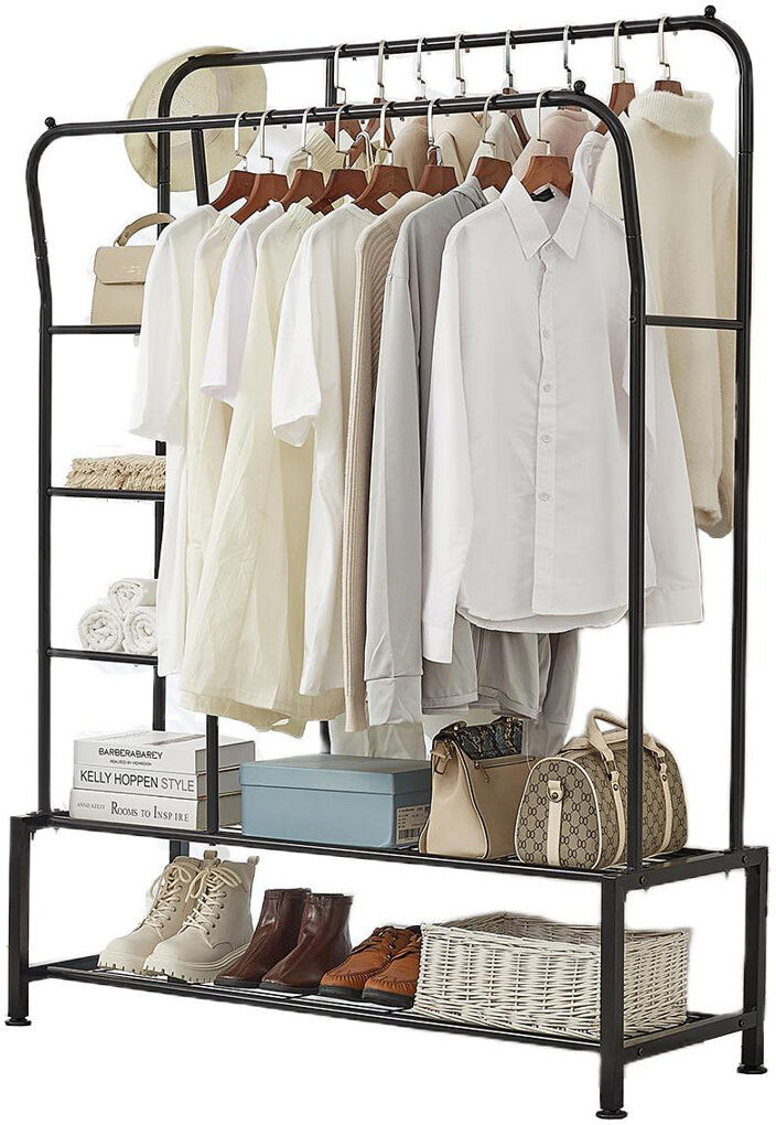 Borough Wharf Clothes Rail With Double Hanging & Shelves Black Metal Garment Rack Heavy Duty Black