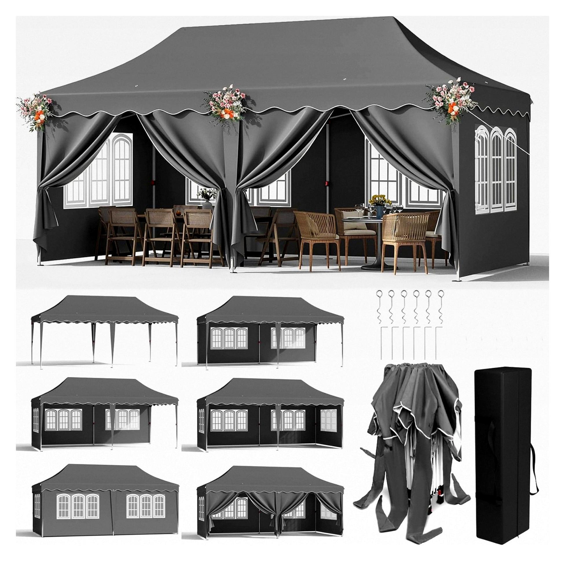 Faltpavillon 3x6 Wasserdicht Stabil, Faltbares Gartenzelt mit 6 Seitenwänden, Anti-UV 50+ Partyzelt mit 12 Erdhaken, 6 Seilen und 6 Sandsäcken, Gartenpavillon für Märkte und Hochzeiten, Grau