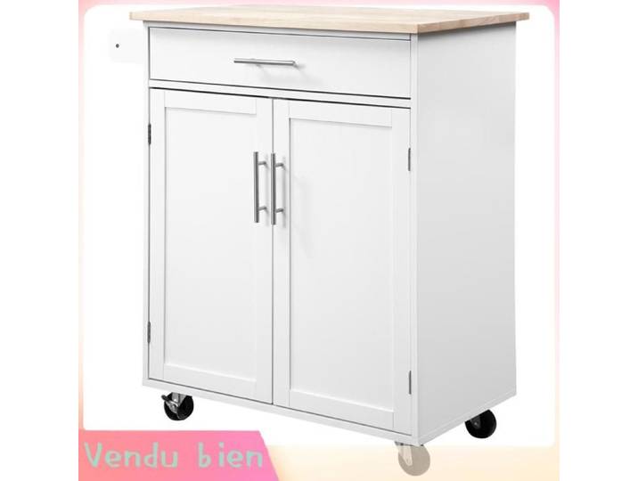 LIA Desserte cuisine roulettes îlot tiroir placard porte-torchons blanc