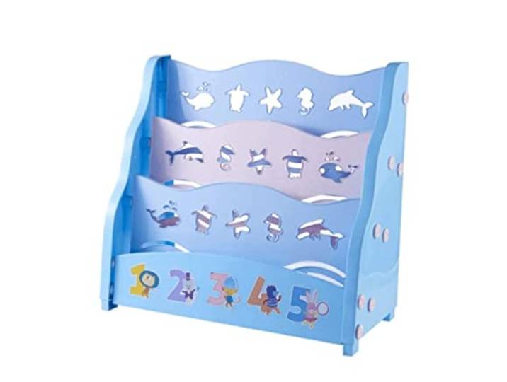 AZHKJKZH Büro-Aufbewahrungsregal Bücherregal Einfaches Zuhause Spielzeug Lagerregal Bücherregale Kunststoff Cartoon Bild Schlafzimmer Wohnzimmer(Blue 3Tiers,Without Basket)