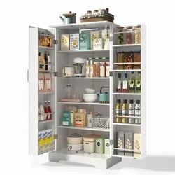 OKWISH Weiß Vorratsschrank 60x35x128 cm mit LED-Sensorleuchte, höhenverstellbaren Böden, Kippschutz und praktischen Stauraumlösungen