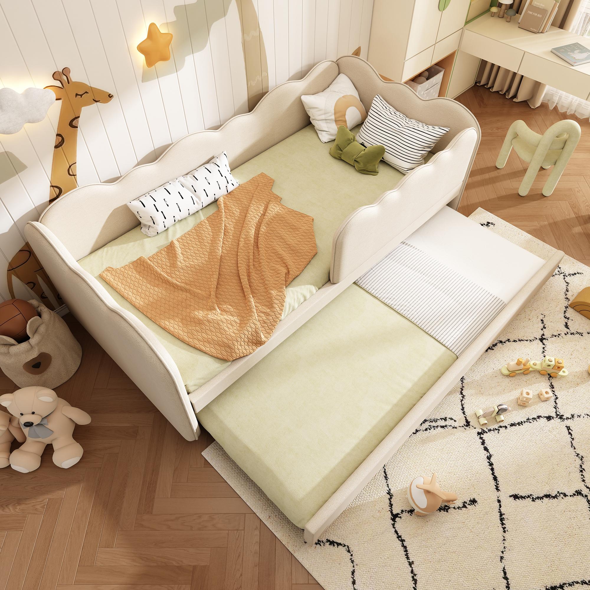 MODFU Daybett Kinderbett 90x190 mit Ausziehbett,L-förmig Schlafsofa mit Lattenrost,Tagesbett in Wolkenform aus Leinenmaterial,ohne Matratze,Beige