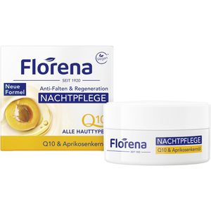 Florena Nachtcreme Anti-Falten & Elastizität Nachtpflege, gegen Falten, mit Q10 & Aprikosenkernöl, alle Hauttypen, 50 ml