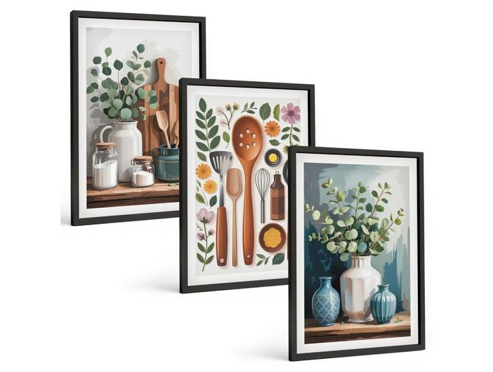 Tulup Bilder SET 3er Set - 40x60 cm Schwarzer Rahmen - Küchenaccessoires auf pflanzlicher Basis, Kunststoff, Rechteckig, 40x60 cm, einfache und schnelle Anbringung, Bilder & Rahmen, Bilder