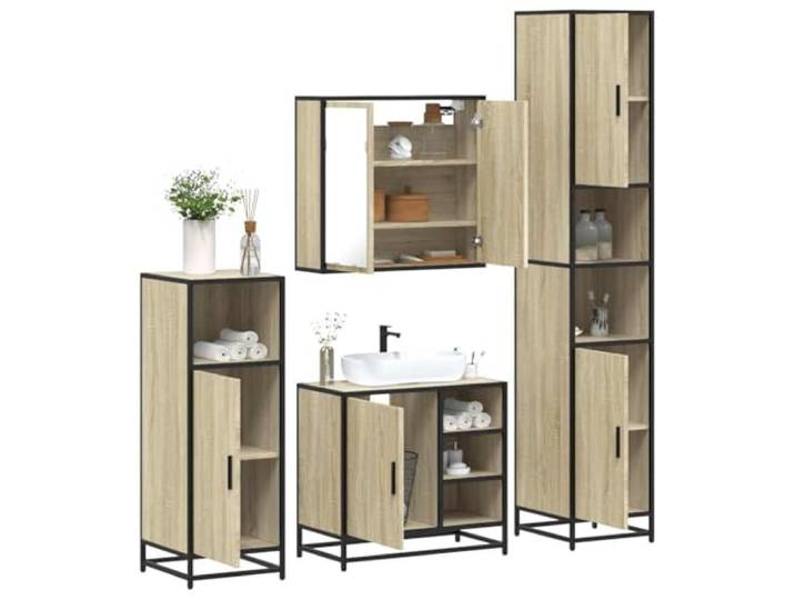 HWKQEQRF 4-TLG. Badmöbel-Set Sonoma-Eiche Holzwerkstoff Metallgestell,Lowboard,Waschbeckenunterschrank,Spiegelschrank,Wandmontage,Stauraum,Badezimmer