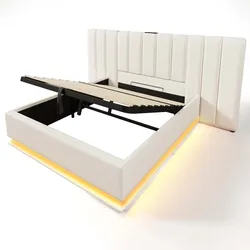 Polsterbett 180x200 mit 360° LED Beleuchtung App Steuerung, USB-C Schnellladefunktion, hydraulischem Stauraum, Leinen PU-Leder Weiß