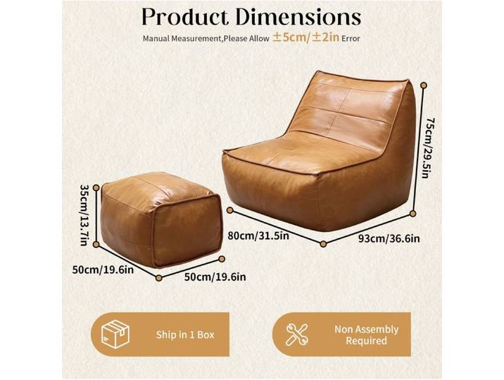 Fauteuil bean bag avec ottoman 80 x 93 x 75 cm tissu tech effet simili cuir marron sans montage pour salon et gaming