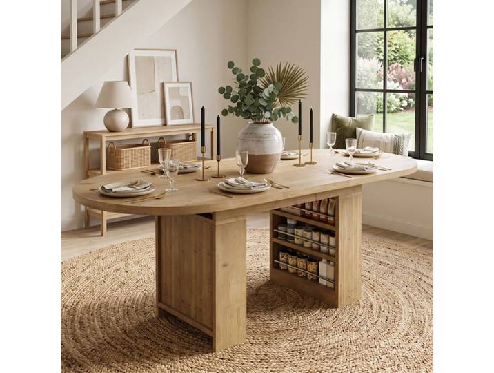 Luscriate - Table à manger extensible 150/200x90x76 cm avec rangements plateau épais pour 6 à 8 personnes - Chêne