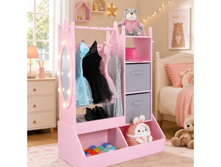 Mädchen‑Kleiderschrank Mit Beleuchtetem Spiegel Und Kleiderstange Kinderspielzeug‑Organizer mit offenen Ablagen, Aufbewahrungsboxen und Haken, Prinzessin Verkleide‑Station
