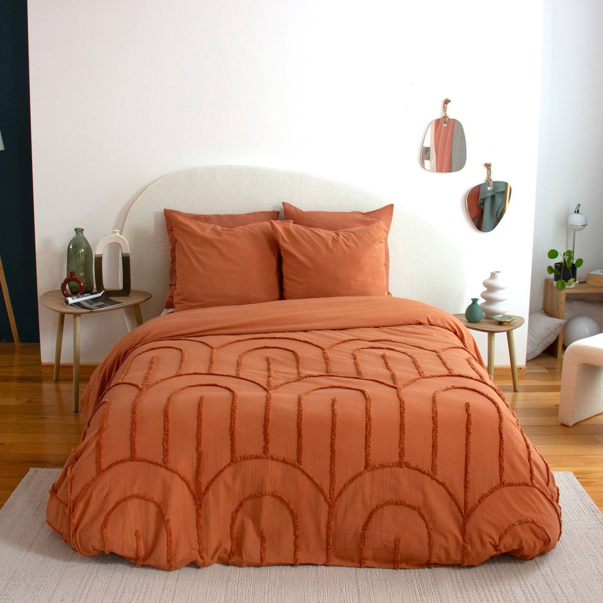 Sweek Hera 2-persoons dekbedovertrek set - Terracotta - Gewassen katoen met getufte bogen - 240 x 220 cm