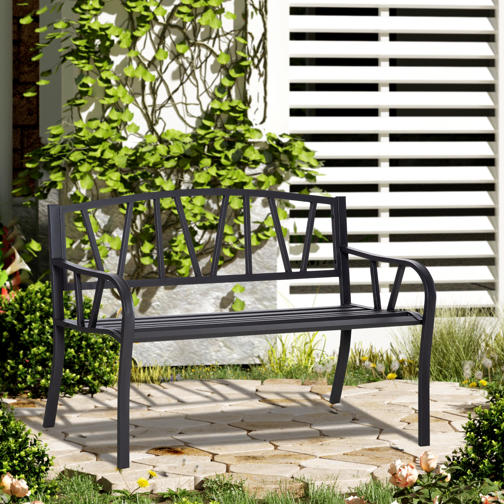 Outsunny Panchina da Giardino in Metallo Nero Impermeabile, Panca da Esterno in Ferro 2 Posti, 128x56x86cm Aosom