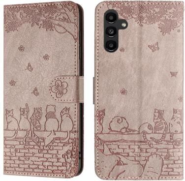 Inspired Deals Cute Cat Embossed Wallet Phone Case For Samsung Galaxy With Card Holder And Lanyard For Samsung Galaxy A15 grey