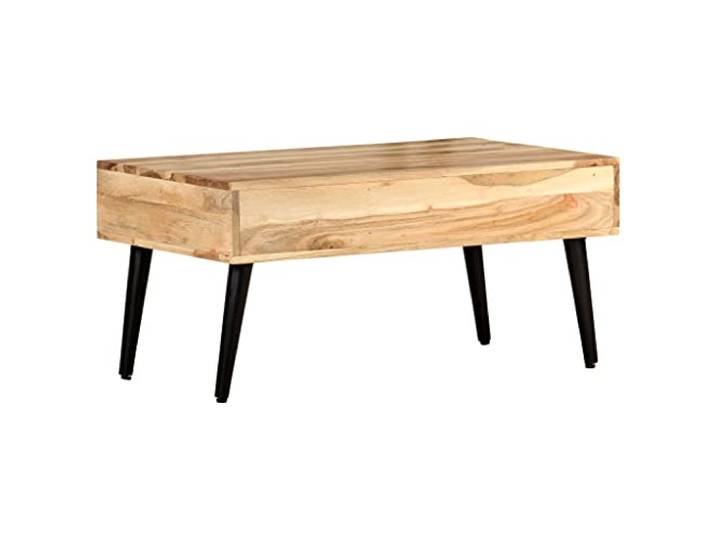 KTHLBRH Kaffeetisch 88 x 50 x 42 cm Massivholz Akazie 3 Schubladen, Beine aus pulverbeschichtetem Eisen, natürliches Finish, Montage erforderlich