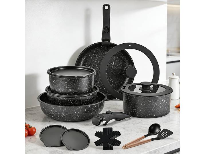 Ensemble de 17 casseroles et poêles antiadhésives avec poignées amovibles, batterie de cuisine antiadhésive avec poignées détachables