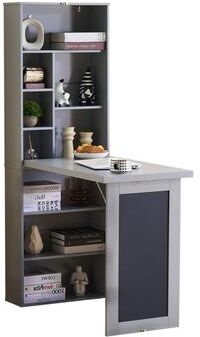Aura Wall Mount Convertible Murphy Desk, Fold-out Writing Table with Blackboard and Storage Shelves