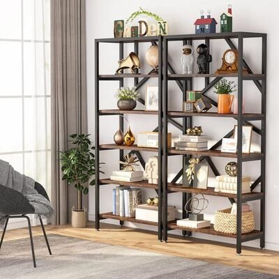 ROSE "71"" Industrial Bookshelf, 6 Tier Rustic Brown Wood Etagere Bookcase, Open Book Shelves"