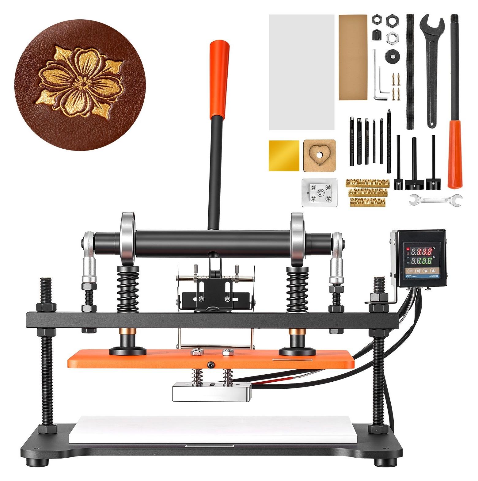 Beheizte Lederprägemaschine - Lederpräge- und Stanzpresse - 360 x 260 mm Arbeitsfläche - 500 W - 1,5 t Druck - 12 mm Hub - Zwei Führungswellen - 26 Buchstabenstempel & 50 Heißprägefolien
