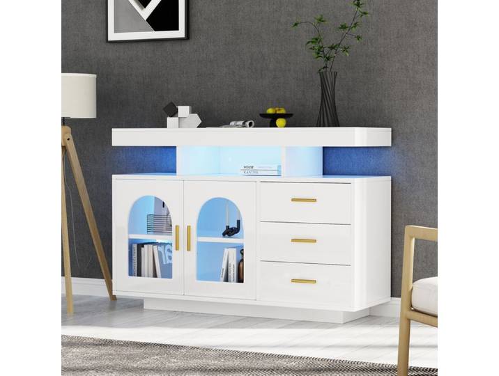 Buffet de Salon à LED Lumière Armoire Cuisine avec Tiroirs et Portes Blanc Haut Brillanc Meuble d'entrée Moderne 120cm