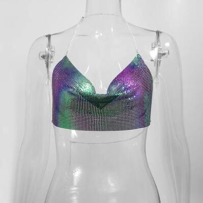 Inspire Select Metallic Halter Corset Crop Top Sexy Glitter Backless Party Tank For Women symphony one Size