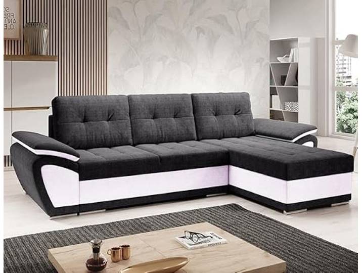 Easy4You ENZO Schwarz/Weiß Ecksofa L-Form Rechts 268 x 97 x 157 cm mit Schlaffunktion und Stauraum - Schlafsofa mit Bettkasten - Moderne Wohnzimmermöbel – Stoff: SORO 100 + Soft 17