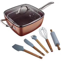 San Ignacio Optimum Copper - 24x24cm quadratisches Bratpfannenset aus gepresstem Aluminium mit 5 Küchenutensilien aus Silikon und Holz