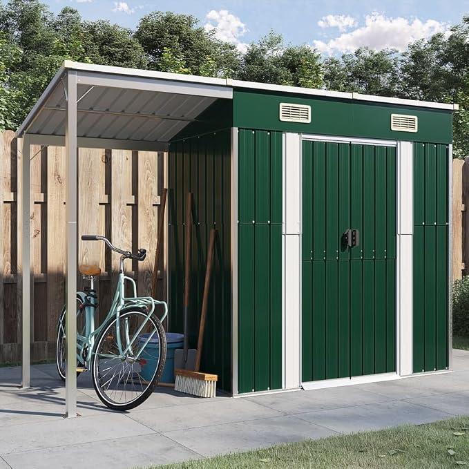 Gartenhaus mit Schleppdach Gerätehaus Gartenschuppen Schuppen mit Stauraum Metallschuppen Geräteschuppen Gartenschrank Garten Schuppen Grün 277x110,5x181 cm Stahl