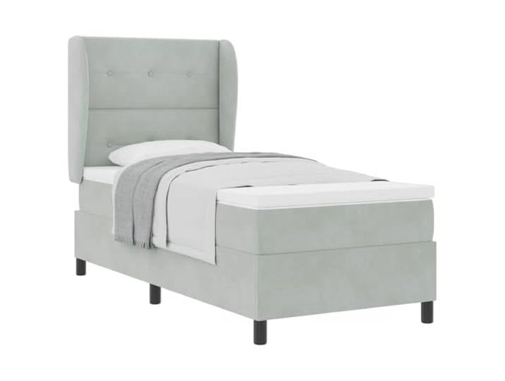 PUGYNBK Boxspringbett, Hellgrau, 190 x 90 cm, Samt Verstellbares Kopfteil, Massivholz, mittlere Festigkeit, einfache Montage