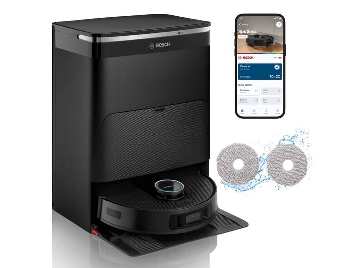 BOSCH Saugroboter mit Wischfunktion Spotless Max Cam BCRDW3BX, rotierende Wischpads , schwarz, B:34cm H:9,8cm, Saugroboter, Datensicherheit, 11.000 Pa Saugkraft, Absaugstation, Kamera, Saugroboter