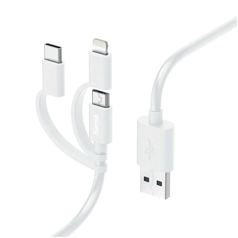 Hama 3-in-1 multifunctionele oplaadkabel met Micro-USB, USB-C en Lightning, 1 meter, wit