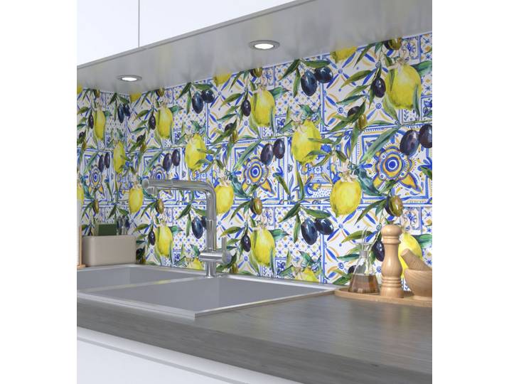 MyMaxxi Küchenrückwand Küchenrückwand selbstklebend Zitronen und Oliven Spritzschutz Folie, (Klebefolie passend geschnitten und gerollt B 280 cm x H 60 cm), Zitrusfrucht und Mosaik B 280 cm x H 60 cm