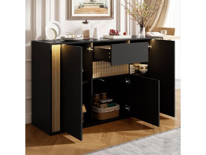 Buffet 140 cm avec 3 portes 1 tiroir et LED réglable - BEAUNIV - Noir et veinage bois salon