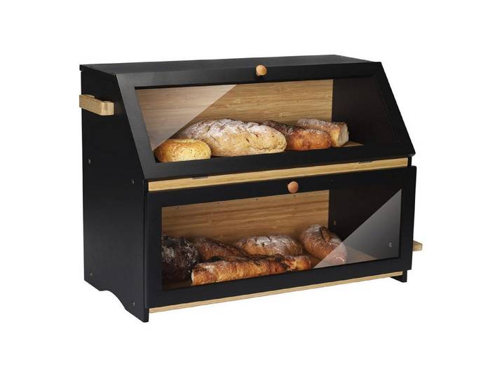 LuxusKollektion Brotkasten Bambus Brotkasten 2 Etagen Brotschneidebrett 50x25x37cm Schwarz, Naturmaterialien