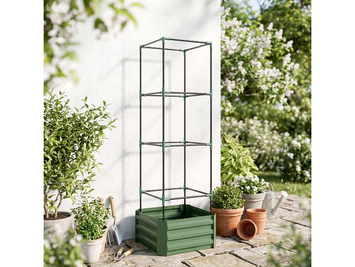 Outsunny Jardinière avec Treillis Acier Galvanisé Vert 61x61x187cm