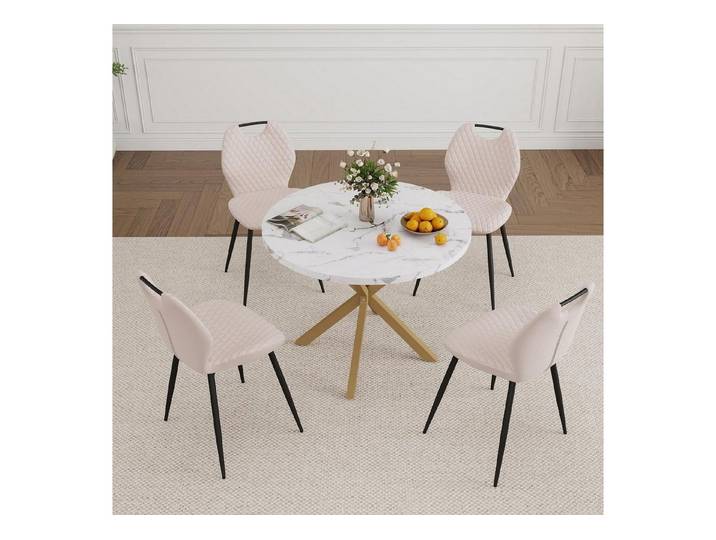 LuxusKollektion Essgruppe Esstisch Stuhlset 5teilig 100cm Marmor mit Goldenen Beinen + Beige